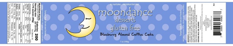 Moondance Desserts Gluten Free Blueberry Almond Coffee Cake Label